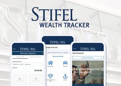 Stifel Wealth Tracker; Image of 3 cell phones with the wealth tracker features on them.